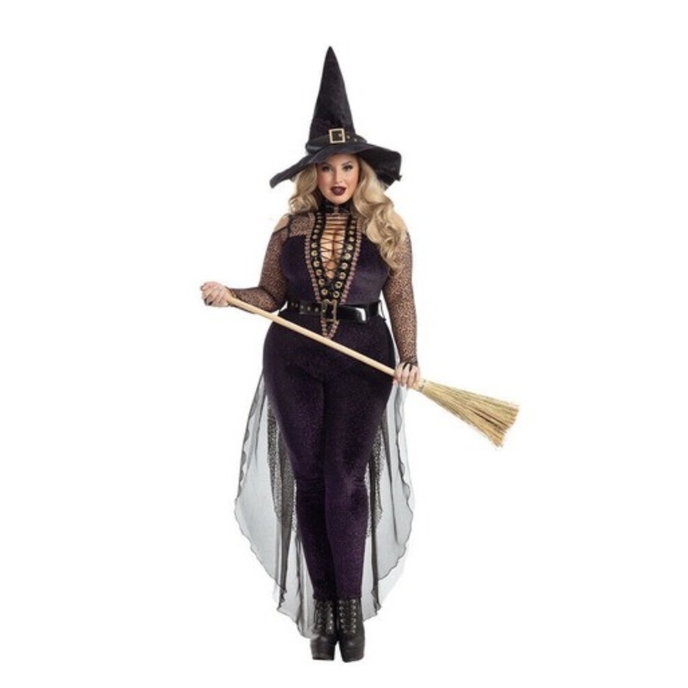 Party King Midnight Violet Witch Costume Purple Jumpsuit Plus Size 2X Hat Belt